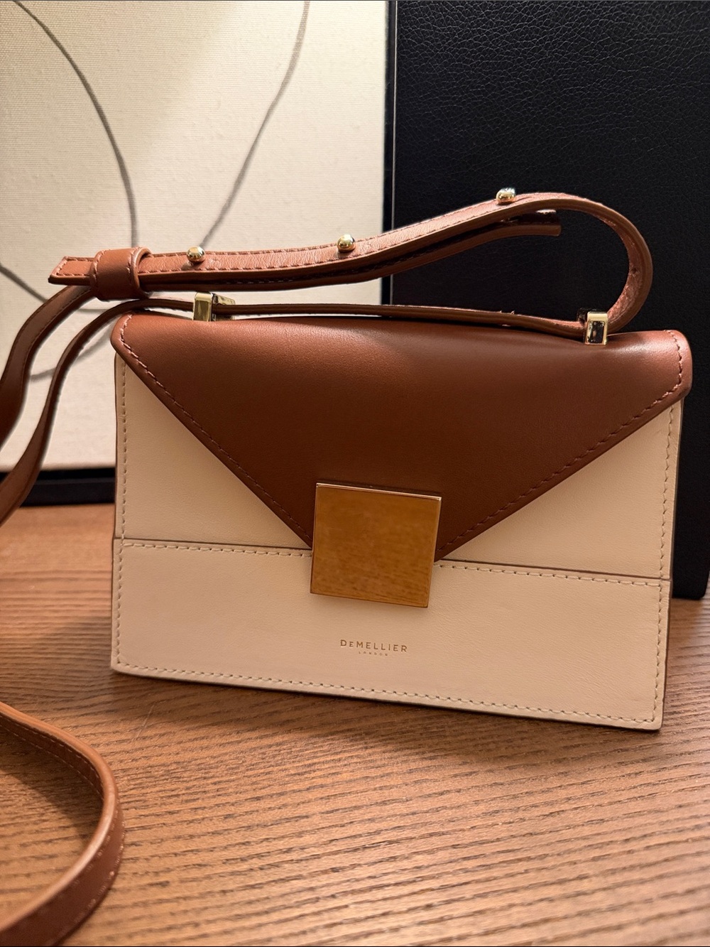 DeMellier Brown and Cream Leather Crossbody with Gold Clasp